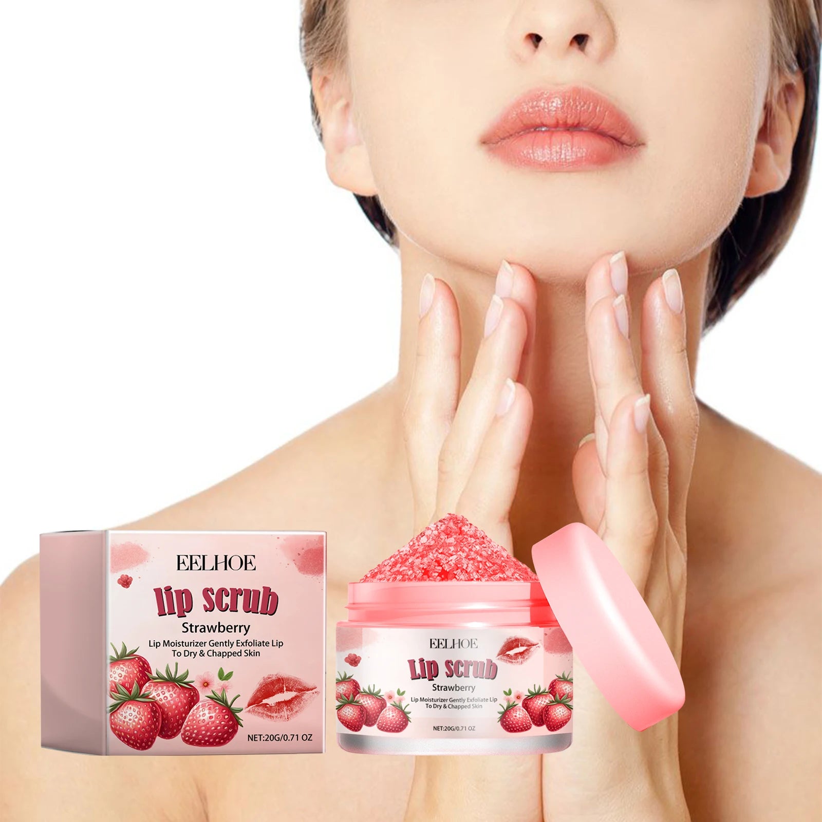 Exfoliante labial de fresa en frasco para labios suaves