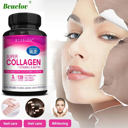 Suplemento de colágeno con vitamina C y biotina en frasco de 120 cápsulas