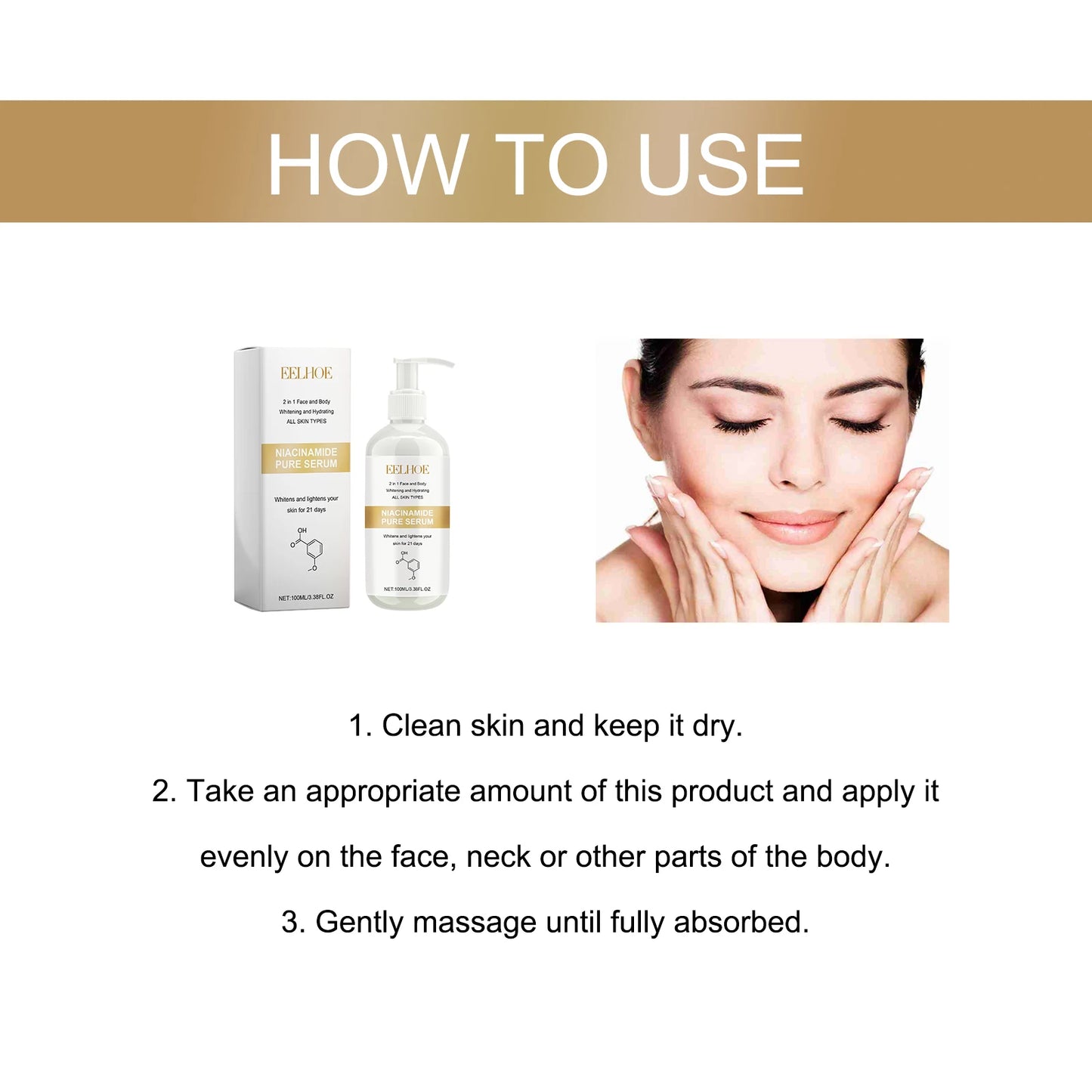 Mujer aplicando serum de niacinamida iluminador en su rostro