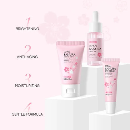 3pcs/set LAIKOU Skin Care Set Vitamin C Sakura Snail Essence Serum & Eye Cream & Face Cream Moisturizer Travel Size Skincare Set