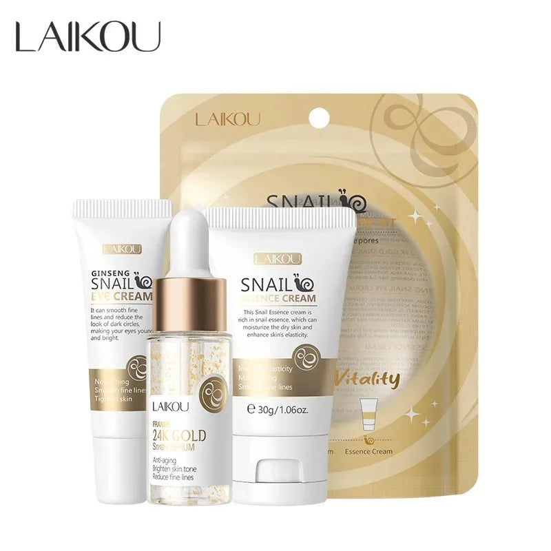 3pcs/set LAIKOU Skin Care Set Vitamin C Sakura Snail Essence Serum & Eye Cream & Face Cream Moisturizer Travel Size Skincare Set