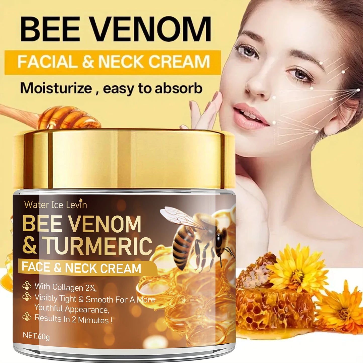 Bee Venom Instant Facial Lifting Cream Firms and Lifts Loose Skin, Smoothes Skin |   Alcohol-Free, Containing Hyaluronic Acid, Suitable for All Skin Types