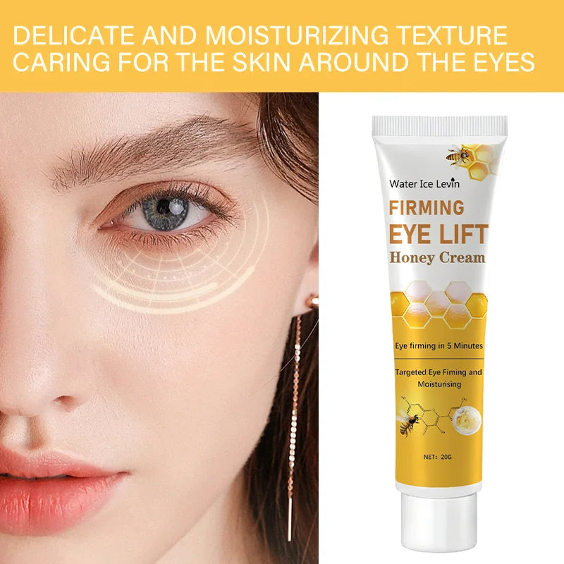  1: Crema de ojos con miel en frasco dorado para reducir ojeras