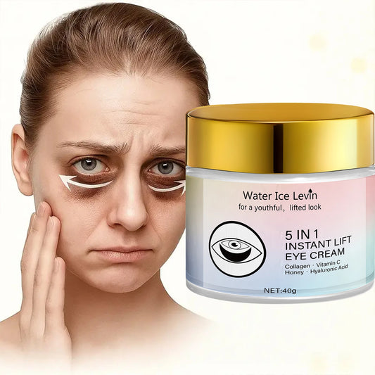 Woman applying eye cream with a jar of Water Ice Levin 5 in 1 Instant Lift Eye Cream on a white background