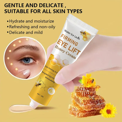 Frasco de crema de ojos con miel mostrando ingredientes naturales