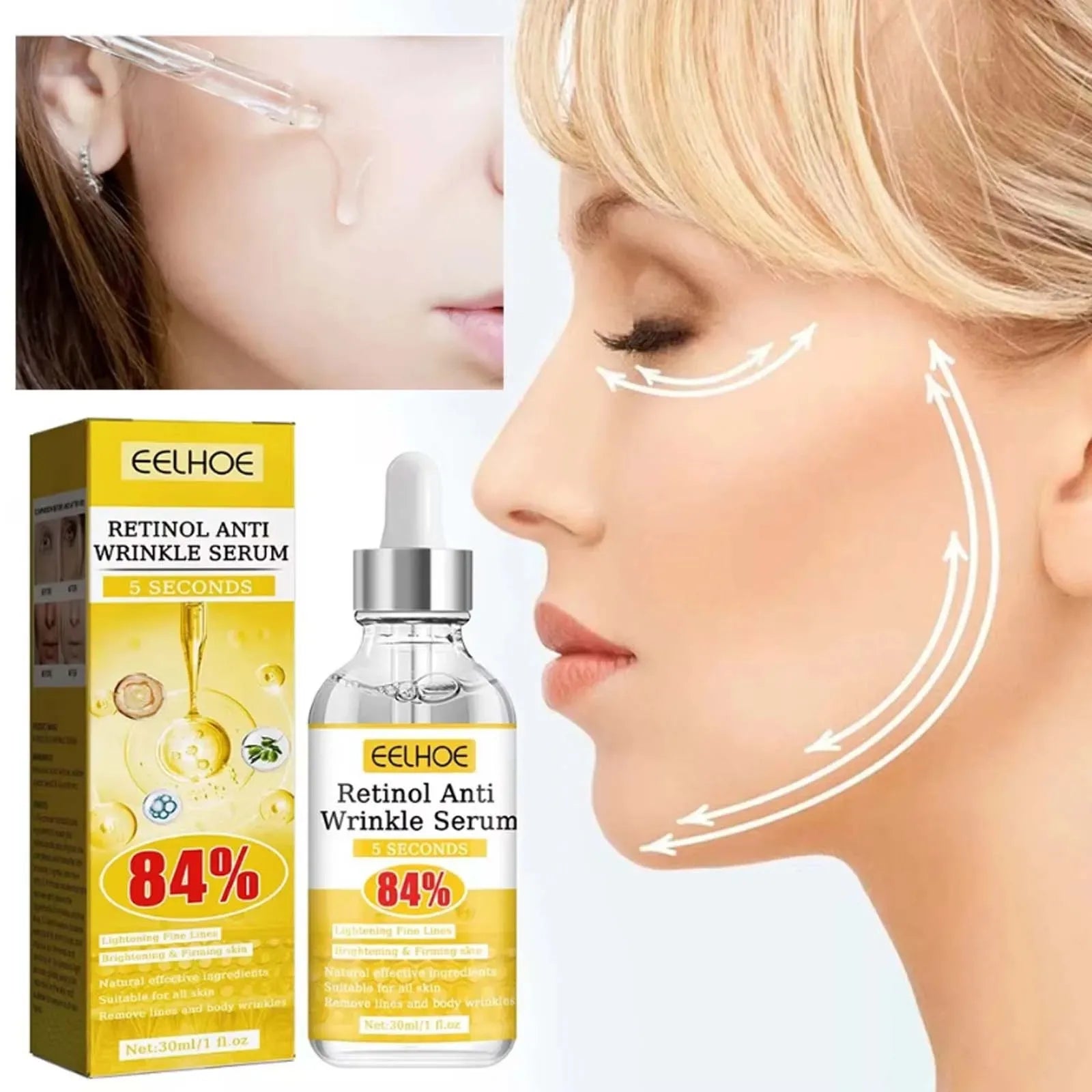 Serum de retinol anti-edad en botella con gotero para reparación de arrugas