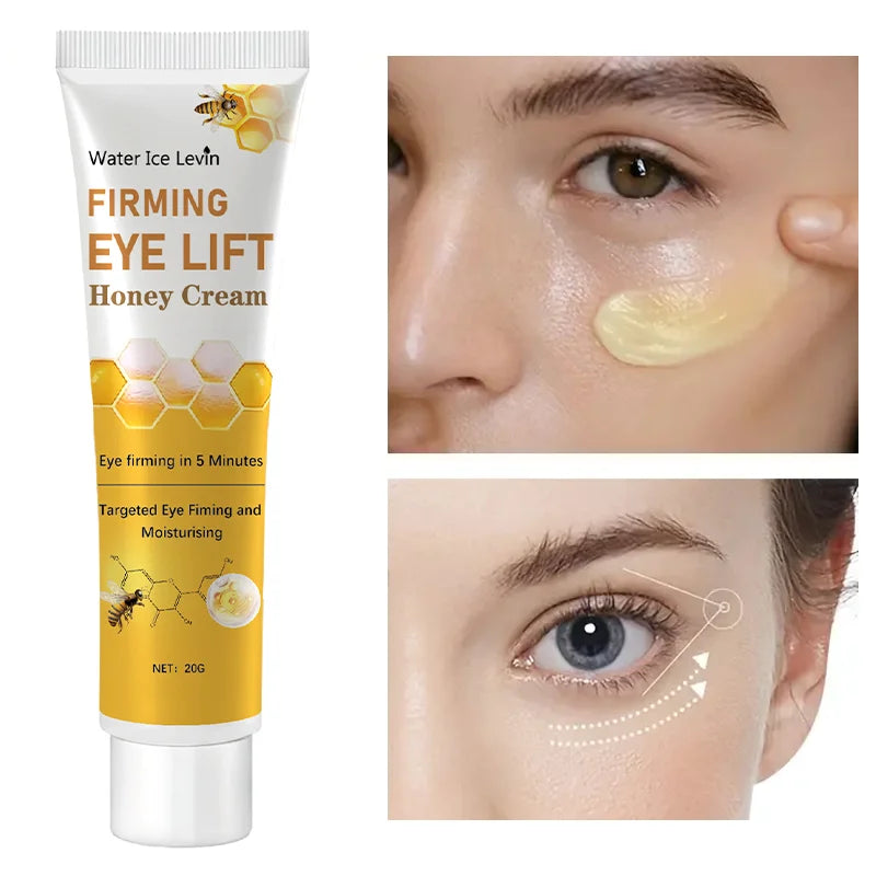 Mujer aplicando crema de ojos con miel en el contorno de ojos